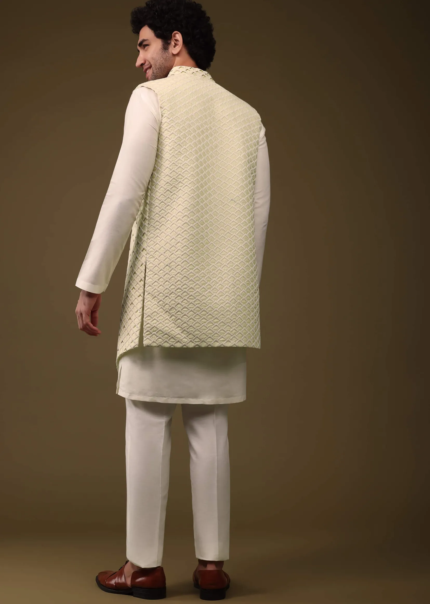Lime Yellow Festive Textured Jacket Kurta Set With Cut Dana And Thread Embroidery In Art Silk