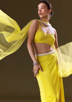 Lime Yellow Fishcut Skirt With One Shoulder Blouse And Tasseled Belt