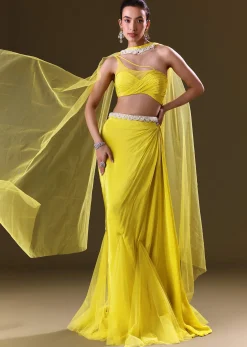 Lime Yellow Fishcut Skirt With One Shoulder Blouse And Tasseled Belt