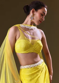 Lime Yellow Fishcut Skirt With One Shoulder Blouse And Tasseled Belt