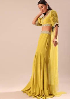 Lime Yellow Hand Embroidered Skirt And Blouse Set