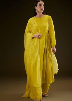 Lime Yellow Kurta With Ruching And Handwork