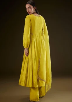 Lime Yellow Kurta With Ruching And Handwork