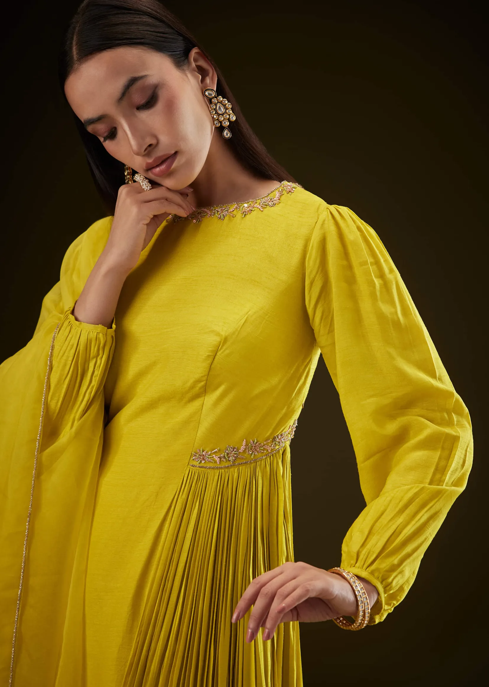 Lime Yellow Kurta With Ruching And Handwork