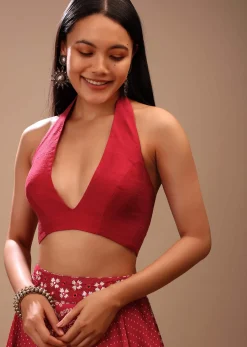 Lipstick Red Backless Blouse In Raw Silk With Halter Neckline And Plunging Neckline