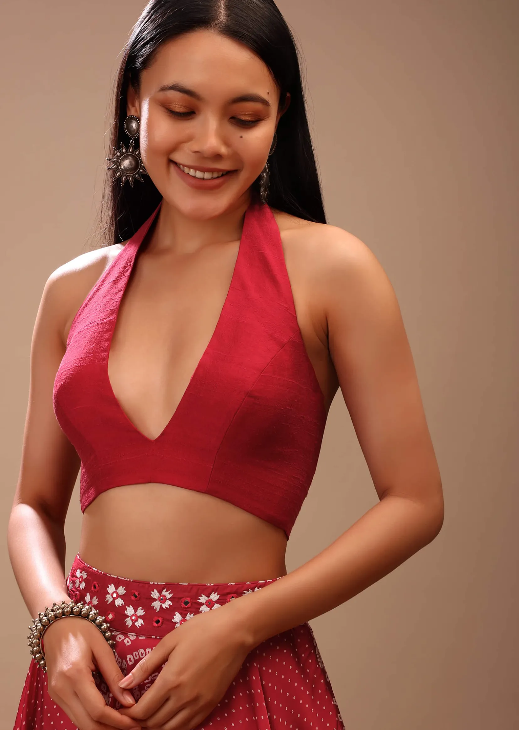 Lipstick Red Backless Blouse In Raw Silk With Halter Neckline And Plunging Neckline