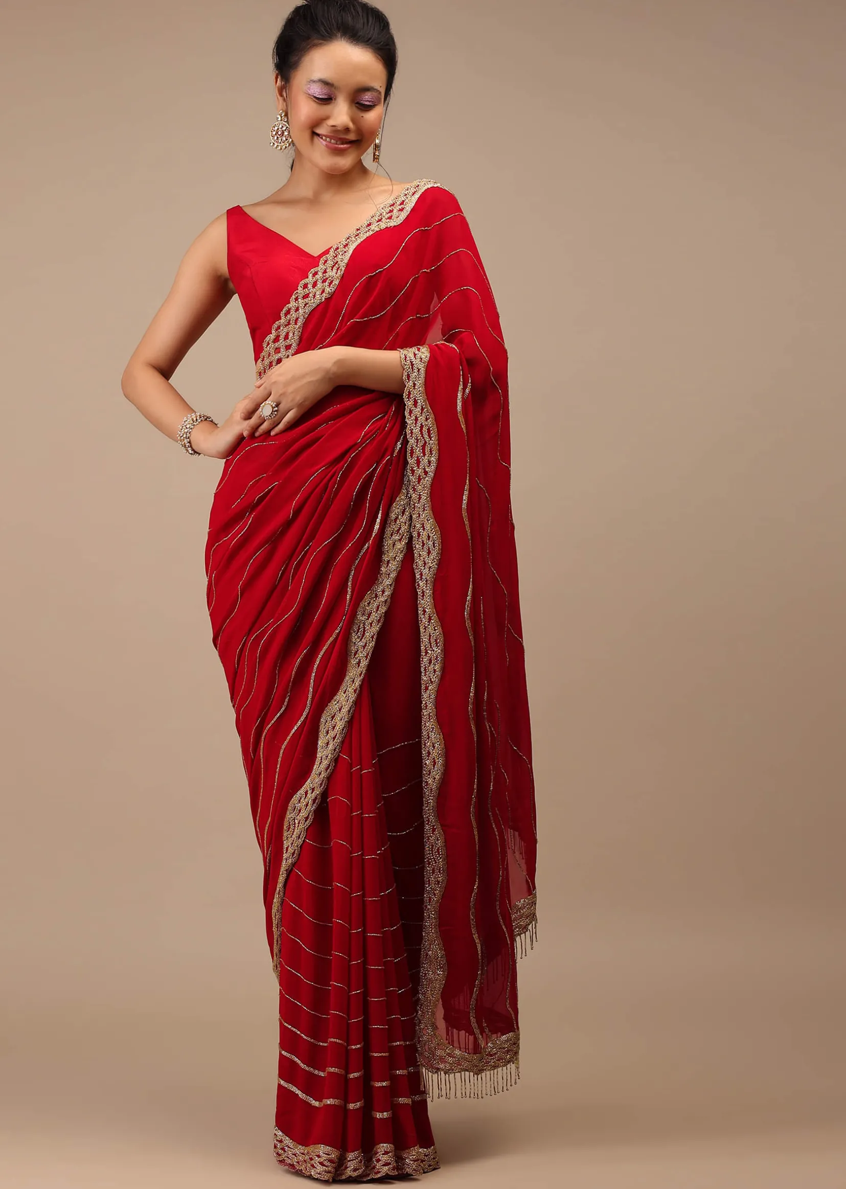 Lipstick Red Georgette Saree Adorned With Golden Zardozi Embroidery & Detailing, And Cut Dana Fringes