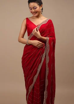 Lipstick Red Georgette Saree Adorned With Golden Zardozi Embroidery & Detailing, And Cut Dana Fringes
