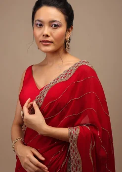 Lipstick Red Georgette Saree Adorned With Golden Zardozi Embroidery & Detailing, And Cut Dana Fringes