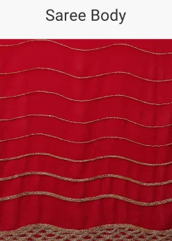 Lipstick Red Georgette Saree Adorned With Golden Zardozi Embroidery & Detailing, And Cut Dana Fringes