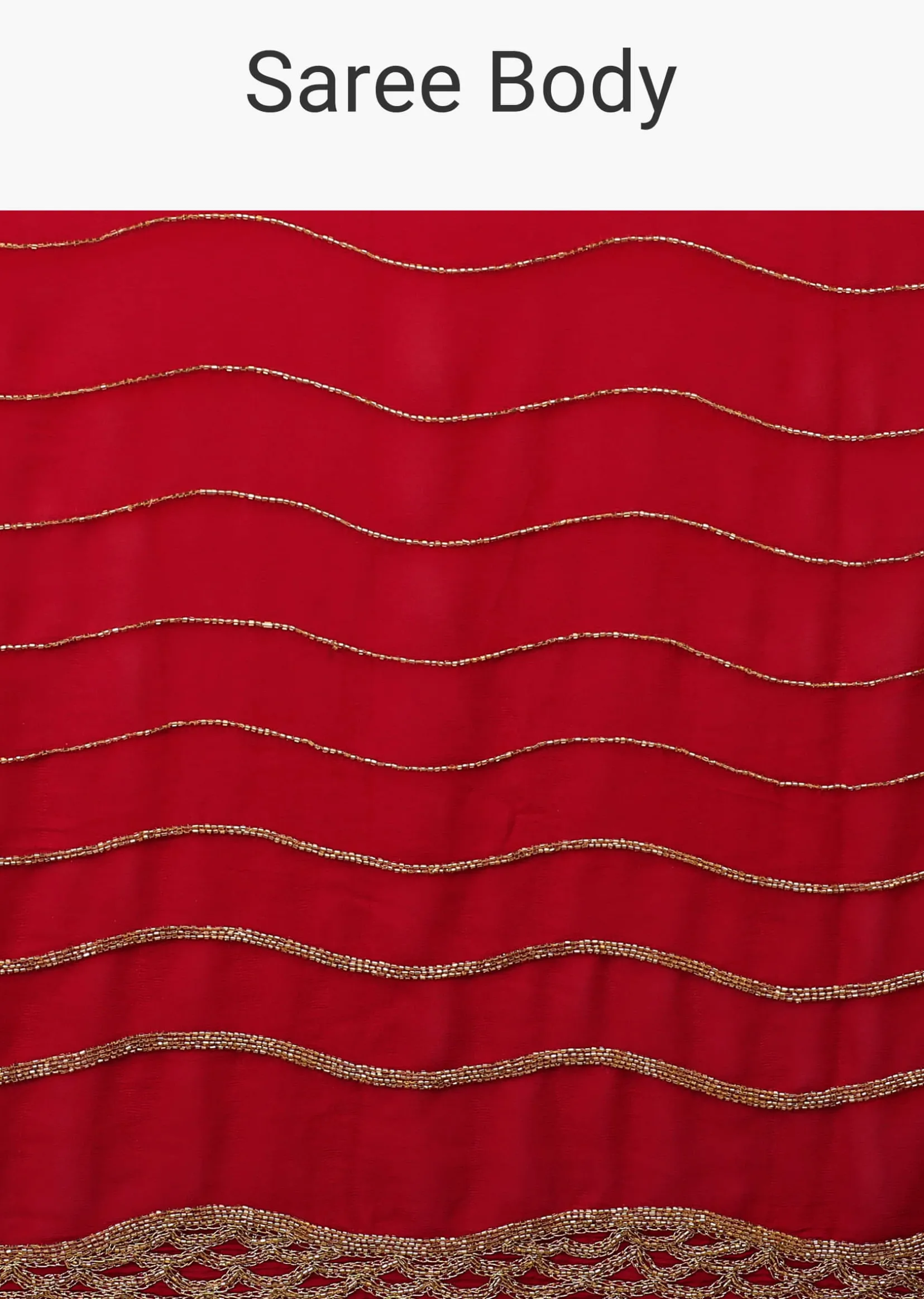 Lipstick Red Georgette Saree Adorned With Golden Zardozi Embroidery & Detailing, And Cut Dana Fringes
