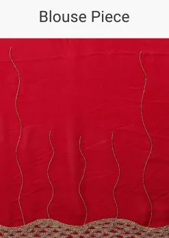 Lipstick Red Georgette Saree Adorned With Golden Zardozi Embroidery & Detailing, And Cut Dana Fringes