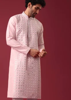 Lotus Pink Kurta Set In Silk With Mirror Work