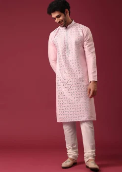 Lotus Pink Kurta Set In Silk With Mirror Work