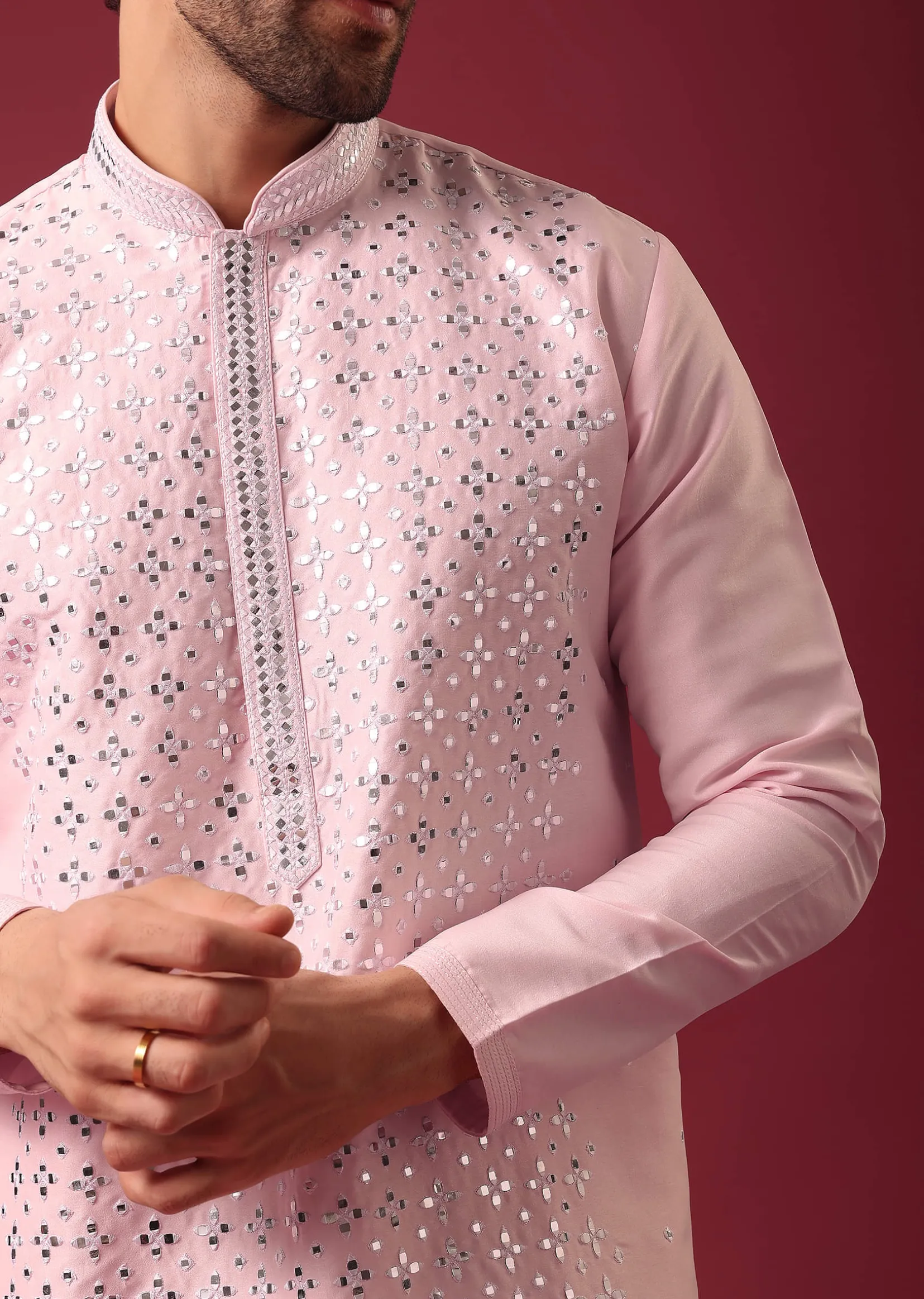 Lotus Pink Kurta Set In Silk With Mirror Work