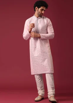 Lotus Pink Kurta Set In Silk With Mirror Work