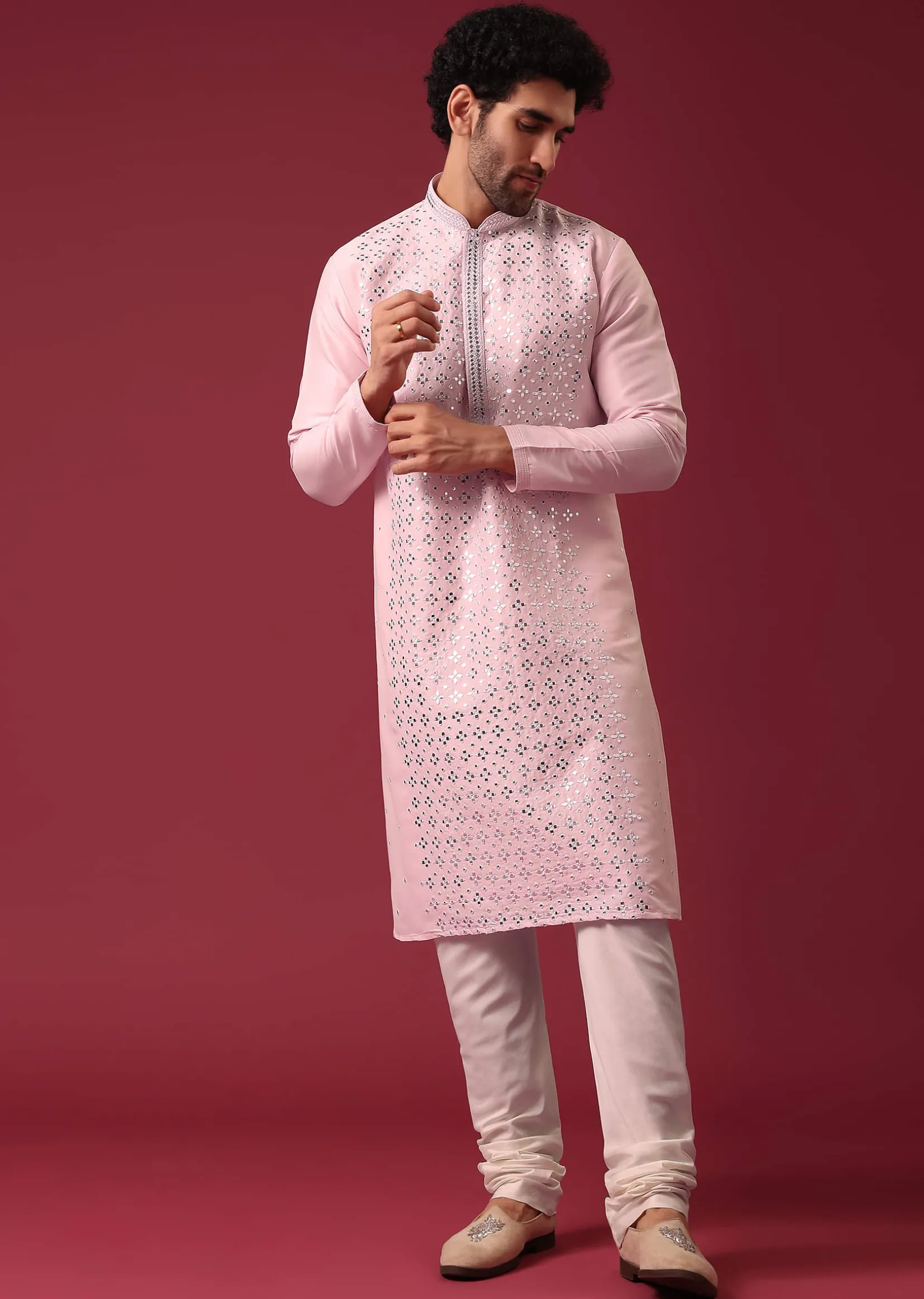 Lotus Pink Kurta Set In Silk With Mirror Work