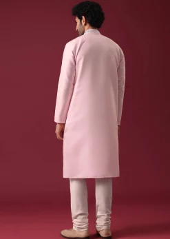 Lotus Pink Kurta Set In Silk With Mirror Work