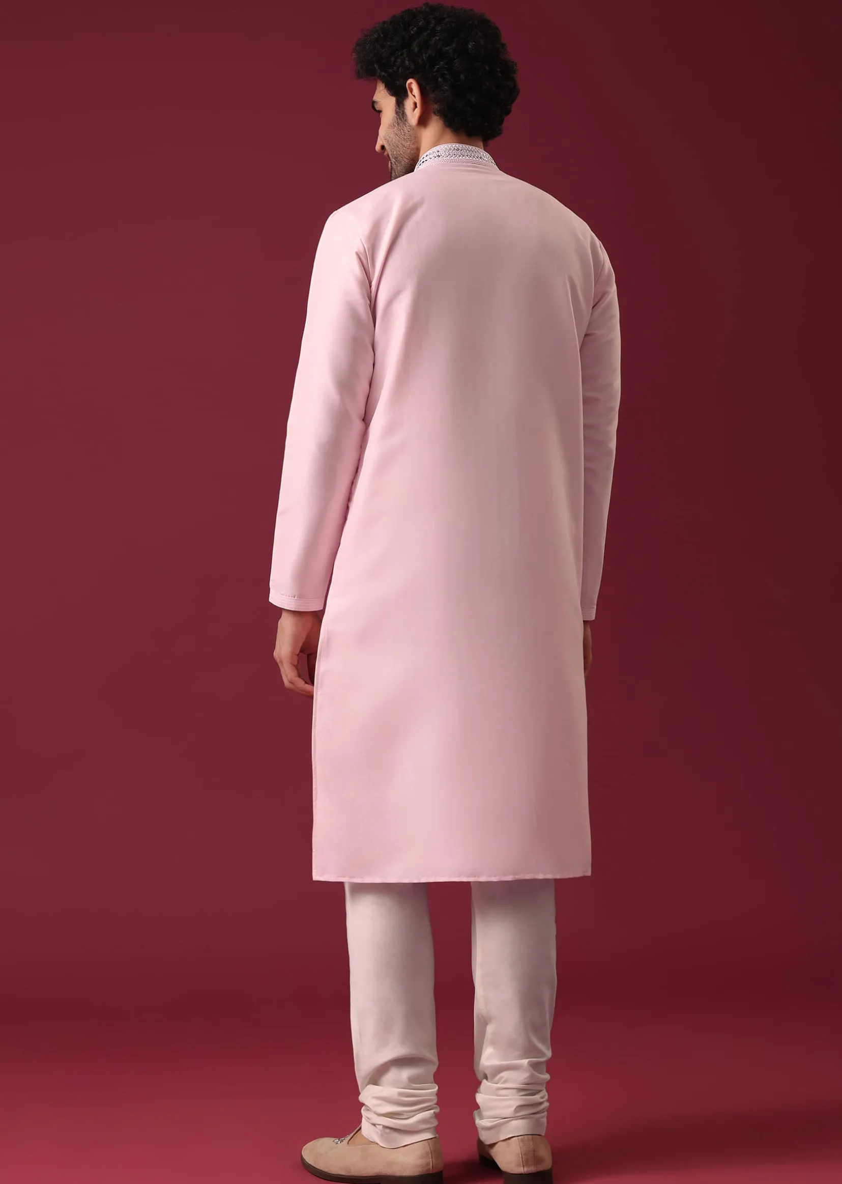 Lotus Pink Kurta Set In Silk With Mirror Work