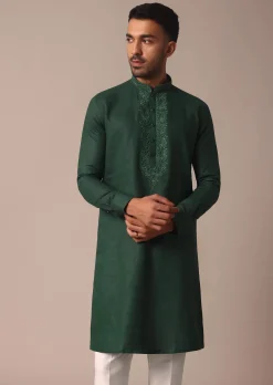 Lush Green Linen Kurta With Intricate Yoke Work
