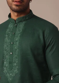 Lush Green Linen Kurta With Intricate Yoke Work