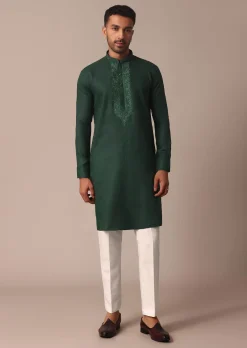 Lush Green Linen Kurta With Intricate Yoke Work