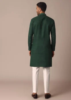 Lush Green Linen Kurta With Intricate Yoke Work