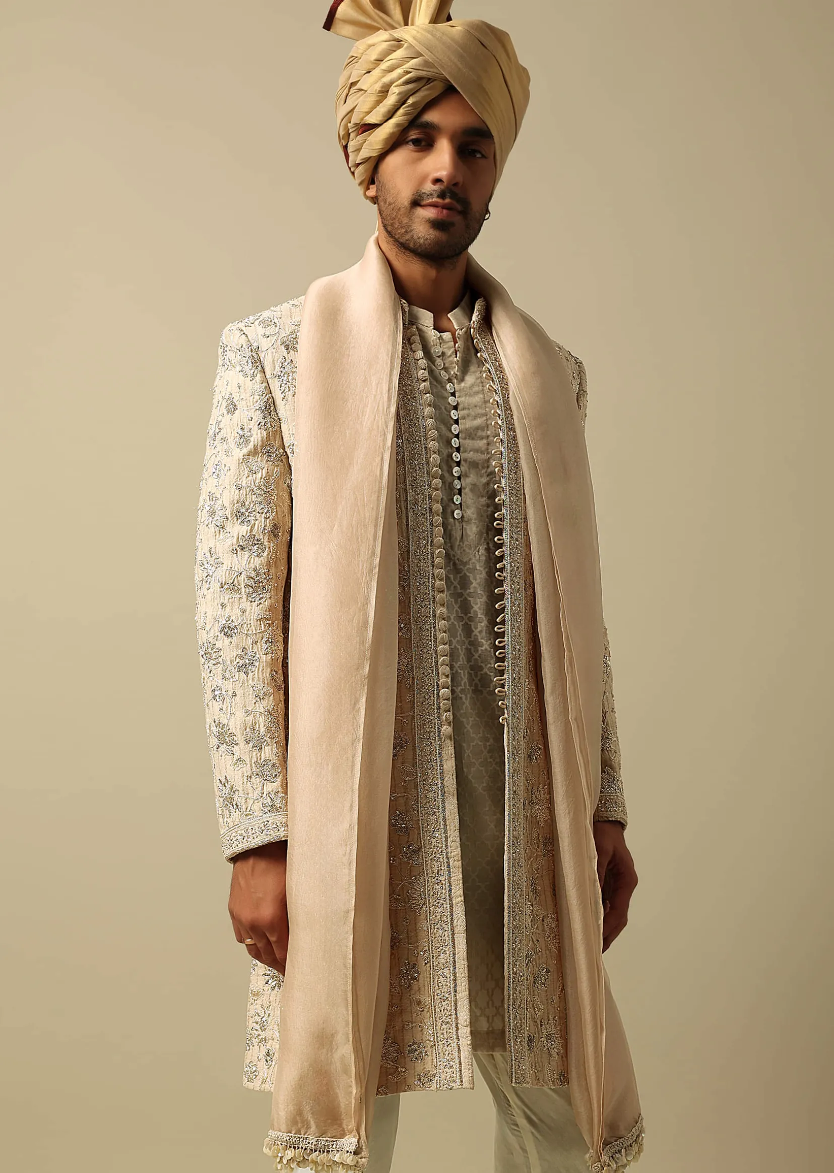 Luxurious Beige Silk Sherwani