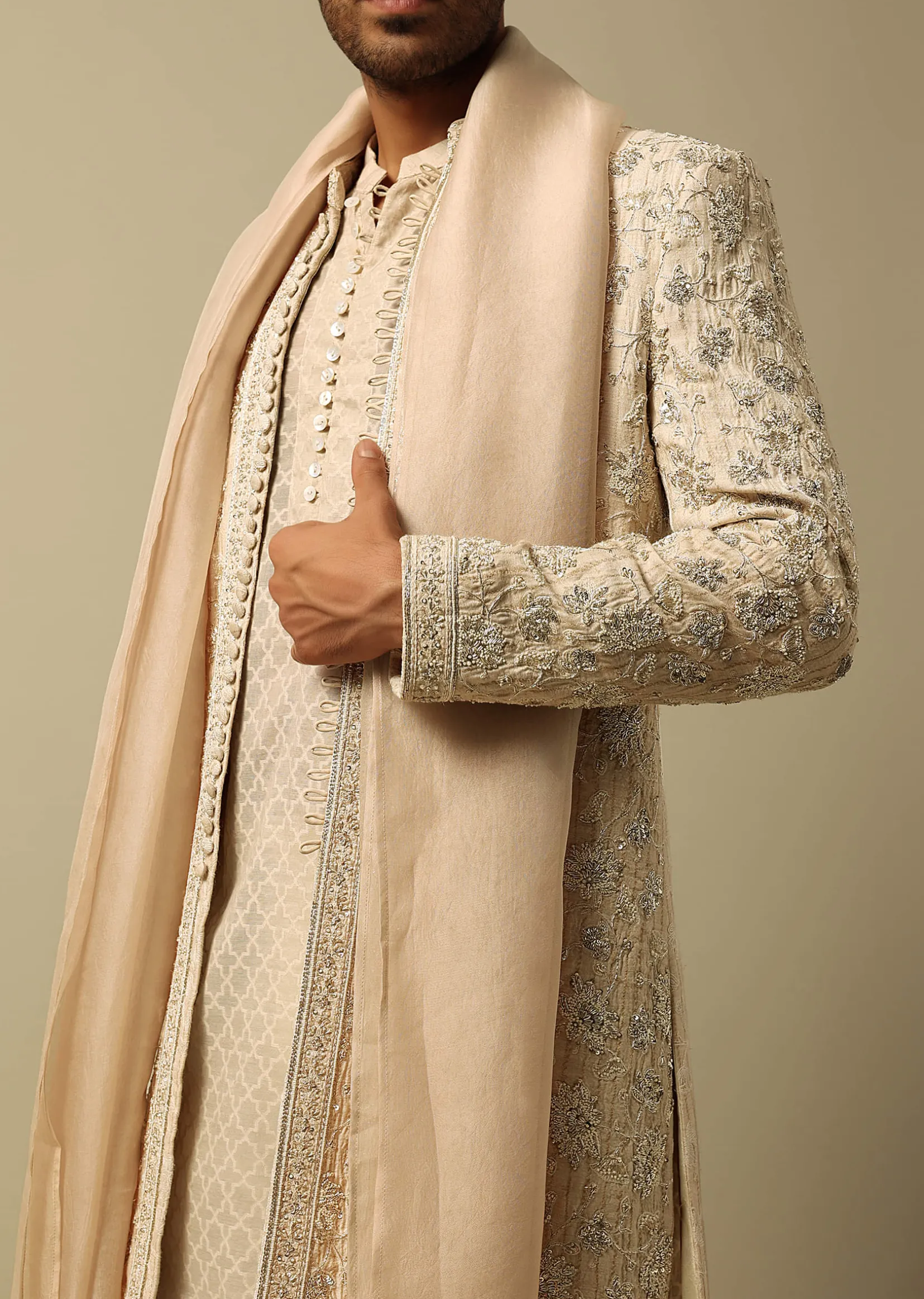 Luxurious Beige Silk Sherwani