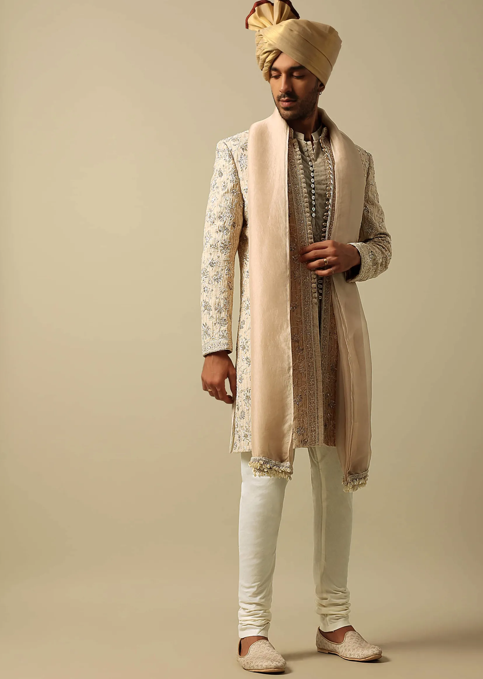 Luxurious Beige Silk Sherwani