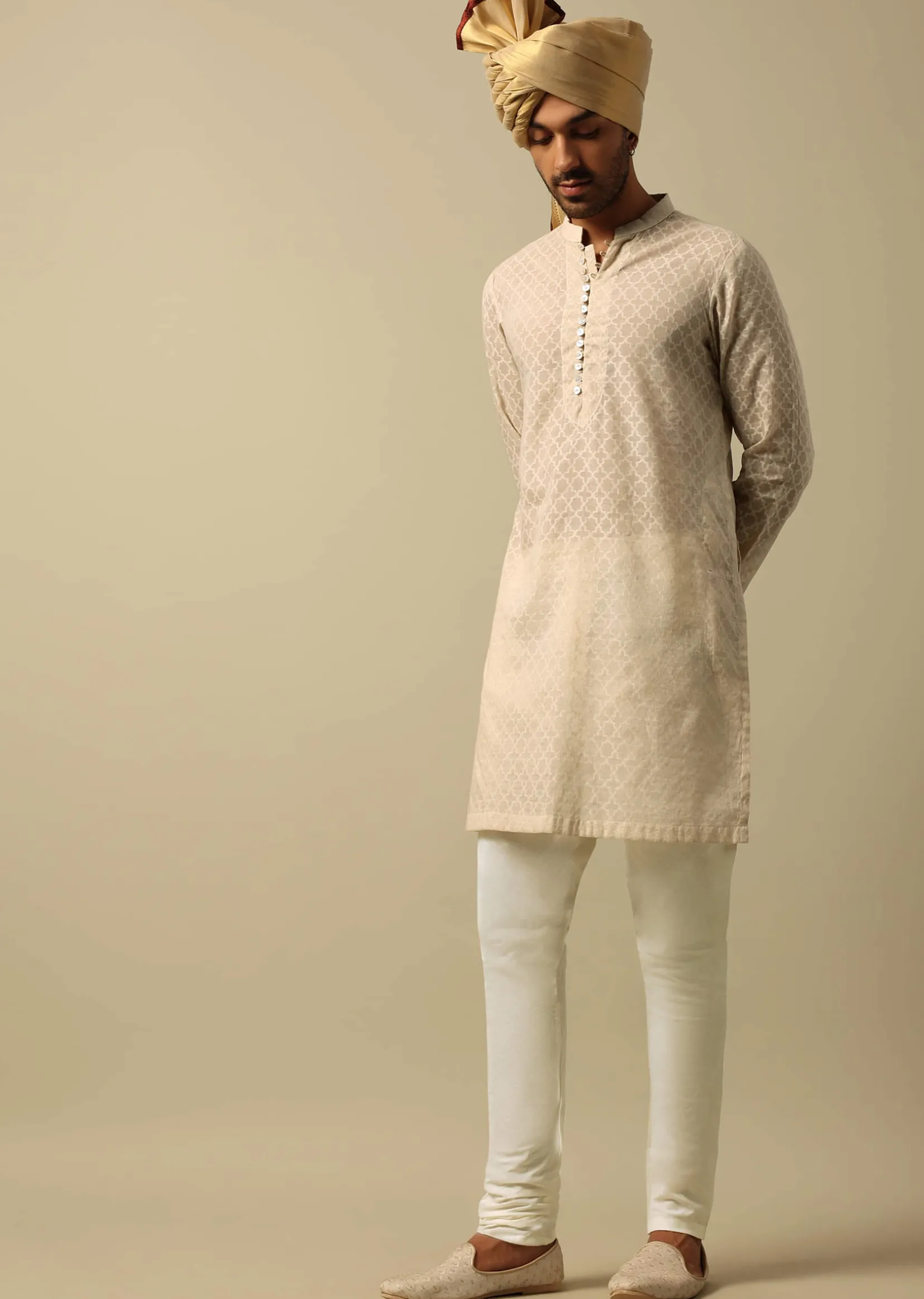 Luxurious Beige Silk Sherwani