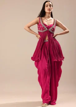 Magenta Crepe Dhoti With Embroidered Blouse And Koti