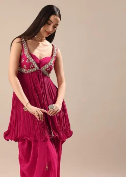 Magenta Crepe Dhoti With Embroidered Blouse And Koti