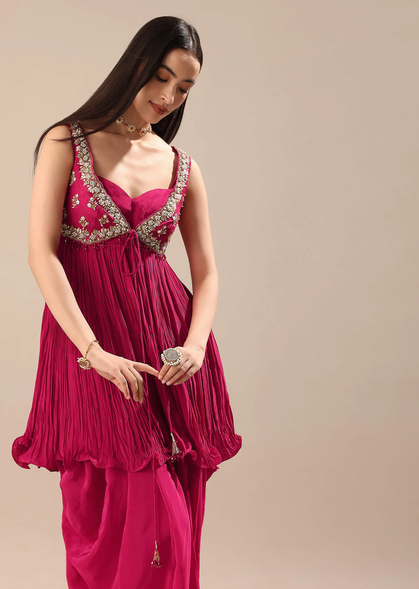 Magenta Crepe Dhoti With Embroidered Blouse And Koti