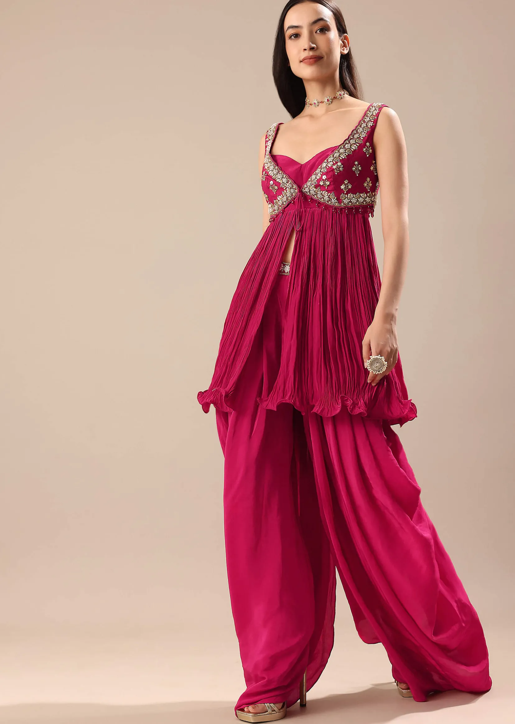 Magenta Crepe Dhoti With Embroidered Blouse And Koti