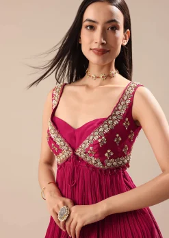 Magenta Crepe Dhoti With Embroidered Blouse And Koti