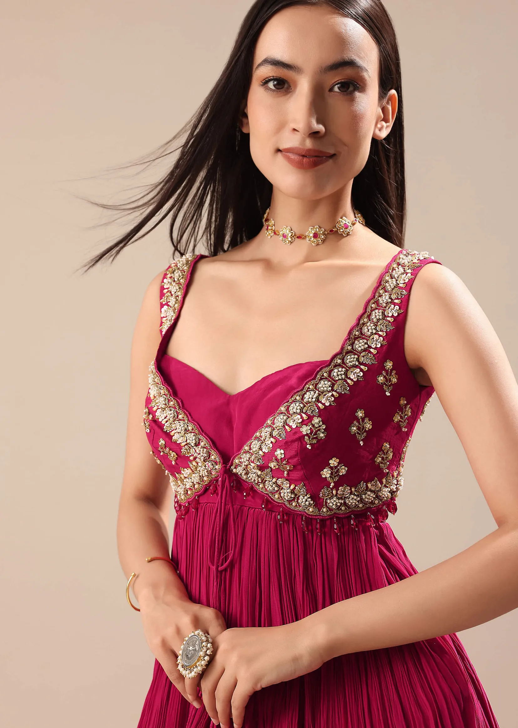 Magenta Crepe Dhoti With Embroidered Blouse And Koti