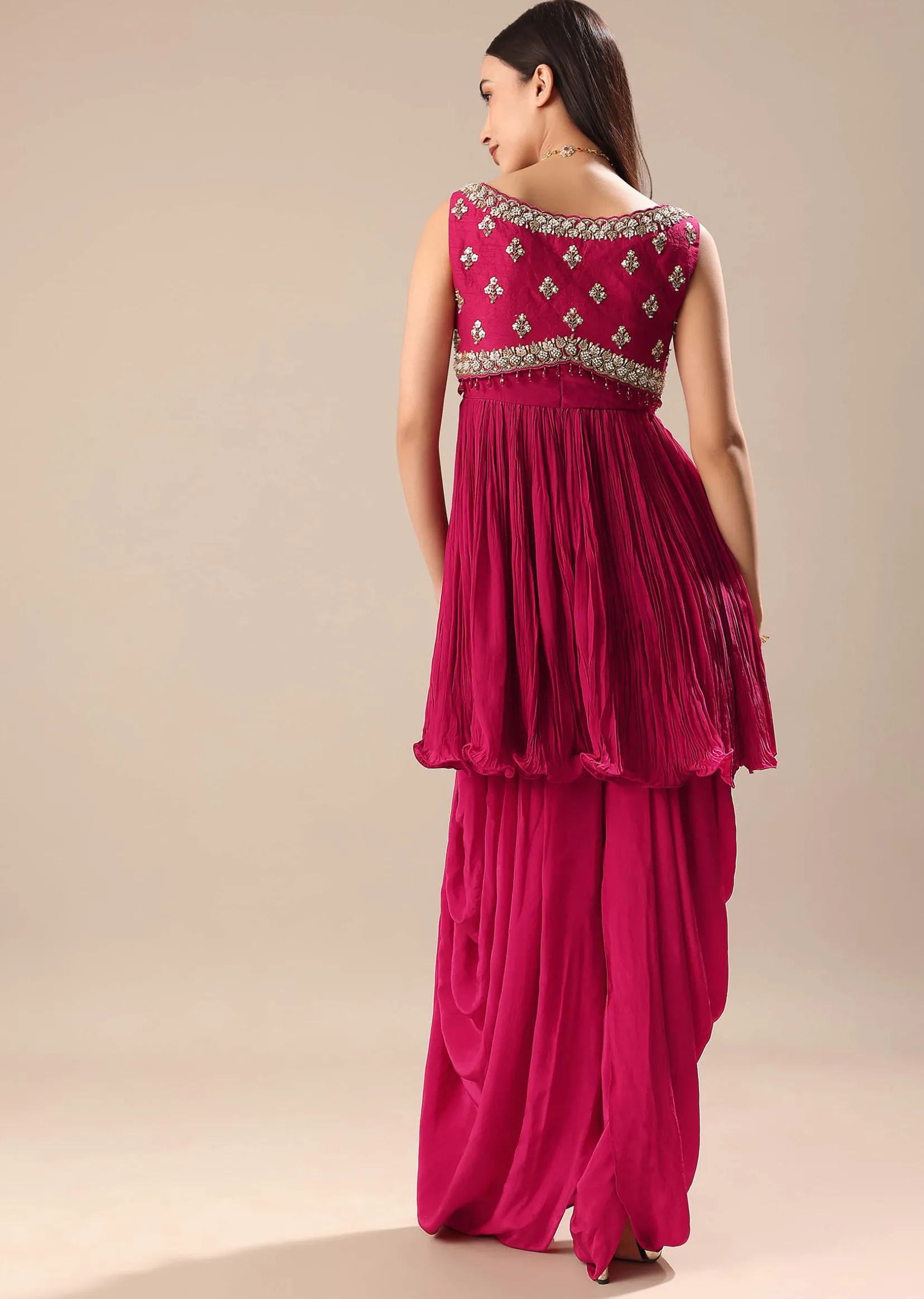Magenta Crepe Dhoti With Embroidered Blouse And Koti