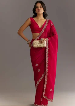 Magenta Crushed Tissue Saree With Cutdana And Scallop Border