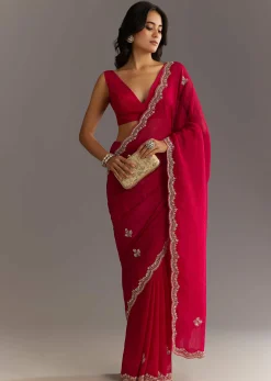 Magenta Crushed Tissue Saree With Cutdana And Scallop Border