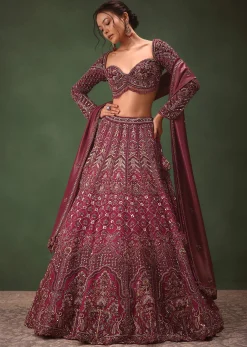 Magenta Embroidered Bridal Lehenga With Full Sleeves Blouse And Dupatta