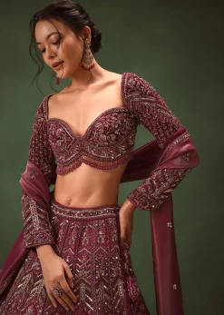 Magenta Embroidered Bridal Lehenga With Full Sleeves Blouse And Dupatta