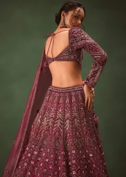 Magenta Embroidered Bridal Lehenga With Full Sleeves Blouse And Dupatta
