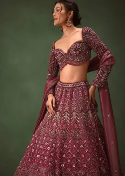 Magenta Embroidered Bridal Lehenga With Full Sleeves Blouse And Dupatta