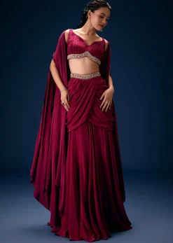 Magenta Fish Cut Draped Skirt With Hand Embroidered Blouse And Choker Dupatta
