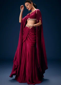 Magenta Fish Cut Draped Skirt With Hand Embroidered Blouse And Choker Dupatta