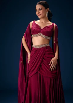 Magenta Fish Cut Draped Skirt With Hand Embroidered Blouse And Choker Dupatta