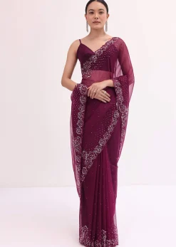 Magenta Organza Saree In Sequins With Unstitched Blouse