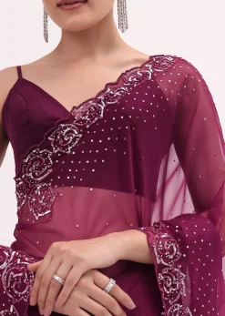 Magenta Organza Saree In Sequins With Unstitched Blouse