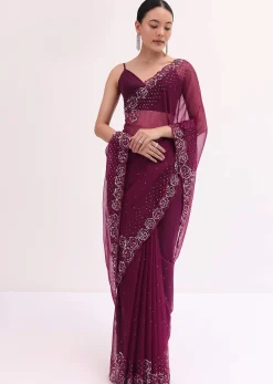 Magenta Organza Saree In Sequins With Unstitched Blouse